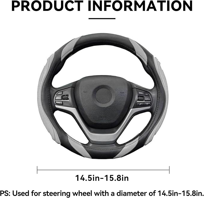 Car Steering Wheel Cover, 15 Inch Leather Breathable Anti-Slip Soft Steering Wheel Protector for Men and Women, Universal Car Accessories for SUV, Truck, RV (Gray)