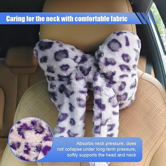 2PCS Cute Bow Car Headrest Pillow, Soft Breathable Leopard Plush Car Neck Support Pillow, Comfortable Warm Ergonomic Auto Interior Head Rest Cushion for Women, Girl (Purple)