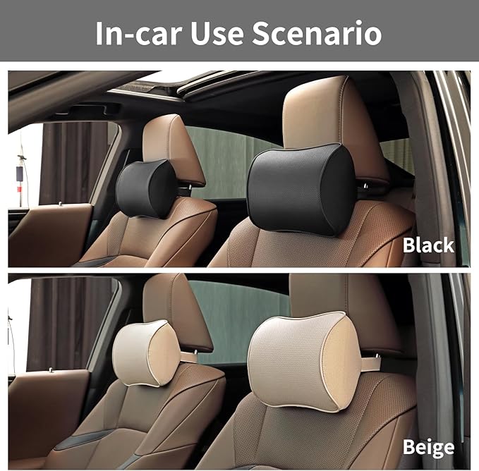 Car Headrest Pillow, Soft Memory Foam Car Neck Pillow with Adjustable Strap, Removable Breathable Cover for Long Drives & Office (Black, Pack of 2)