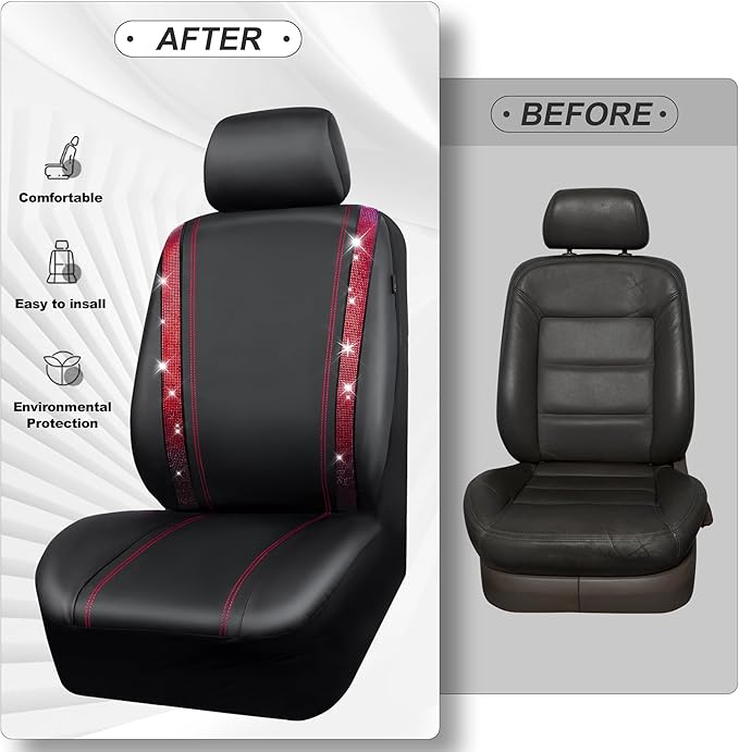 CAR PASS Leather Bling Diamond Car Seat Covers 2 Front Interior Sets, Waterproof Universal Shining Glitter Crystal Sparkle Fit for 95% Automotive Truck SUV Cute Women Girl, Black Red Rhinestone