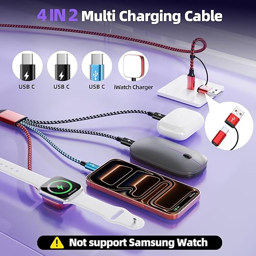 Travel Essentials 4in2 Multi Charging Cable for iPhone Watch Charger,USB A/C to 3 Type C/iWatch Charger,Charging Cables for Multiple Devices Compatible with iWatch 11-1/Ultra/SE&iPhone 17-12 5FT 2Pack