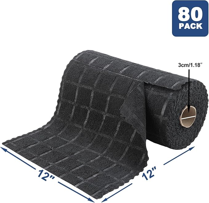 Ferdilan 80 Pack Microfiber Cleaning Cloth Roll,Lint Free Rags Paper Towels & Tear Away Reusable Towels,Washable Shop Rags,Wash Cloths Dish Rags(12" x 12") for Car Kitchen Window Garage-Black