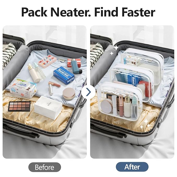 PACKISM TSA Approved Toiletry Bag - Clear Makeup Bag 3 Pack Medium, Metal Smooth Zipper Quart Size Bag for 3-1-1 Liquids, Travel Makeup Bag for Women Men, Airport Airline Compliant Bag, White
