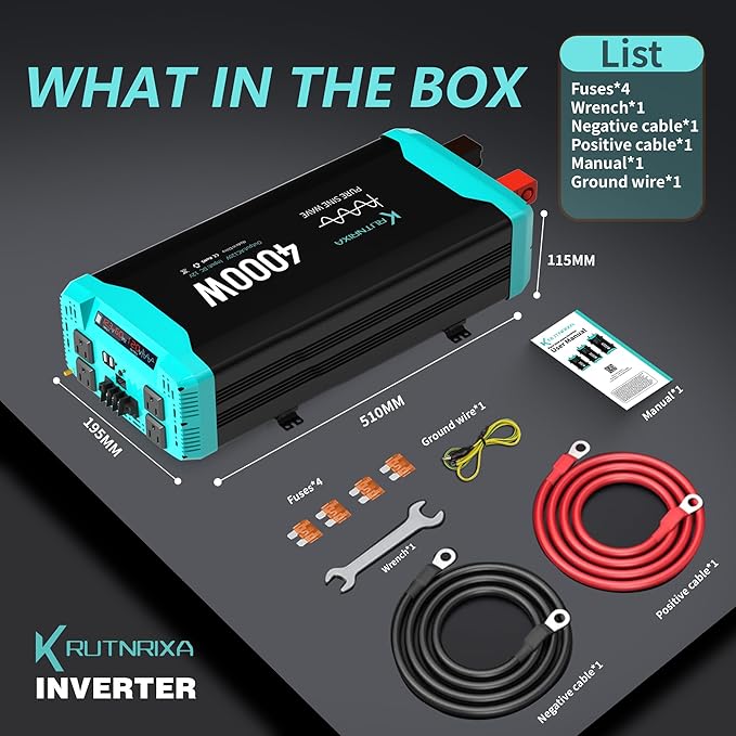 4000W Pure Sine Wave Inverter Peak 8000w 12V DC to 120V AC for RV, Truck, Off-Grid, Home, Solar Car Power Inverter with Dual AC Hardwire Port, 20A Socket, 5V 2.1A USB
