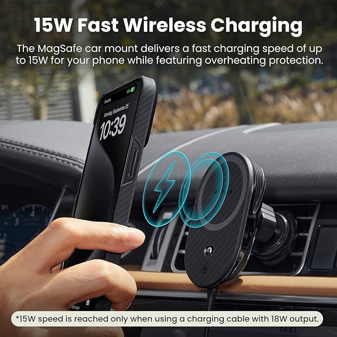 pitaka Magnetic Car Mount for iPhone 16/15/14/13 Series, Magnetic Car Charger with NFC Feature, 360 Degree Rotation [MagEZ Car Mount Pro 2, Universal]