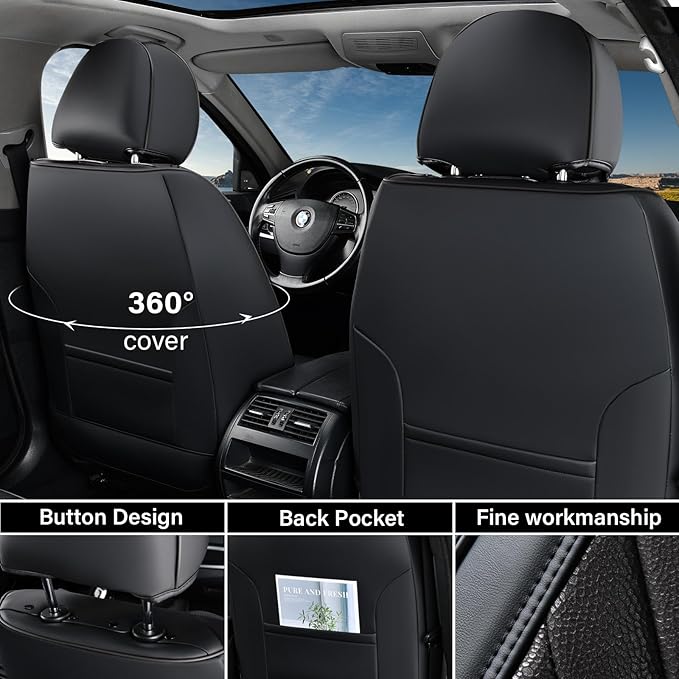 Coverado Car Seat Covers Full Set, 5 Seats Covers for Cars, Car Seat Covers Front Seats Back Seat Covers, Car Seat Protector Luxury Leathaire Waterproof Seat Cushions Universal Fit Most Cars Black