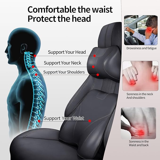Memory Foam Car Headrest Neck Pillow Lumbar Support Cushion for Tesla Model Y/3/X/S BMW X3 X5 Lexus TX350 NX350 350h RX350 Volvo XC60 XC90 for Long Trips Driving Home Office(Black)