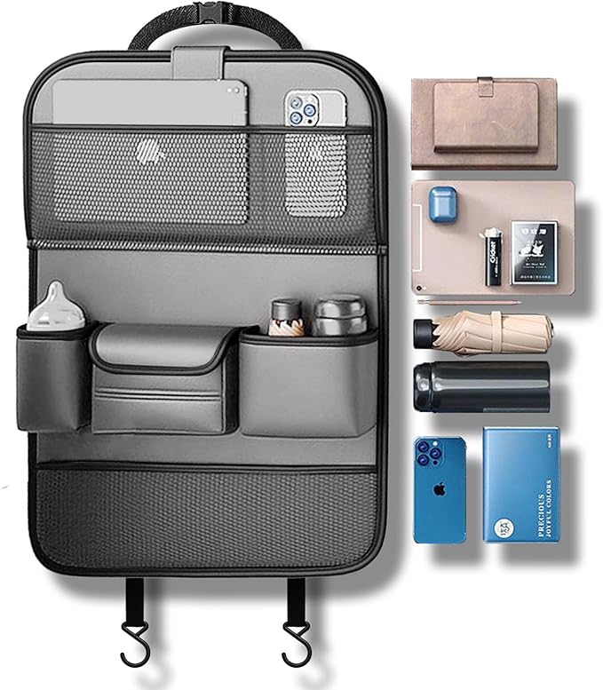 2 Pack Leather Car Backseat Organizer with Foldable Table Tray, Car Storage Organizer with Tablet Holder, Car Seat Back Protectors Kick MatsTravel Accessories