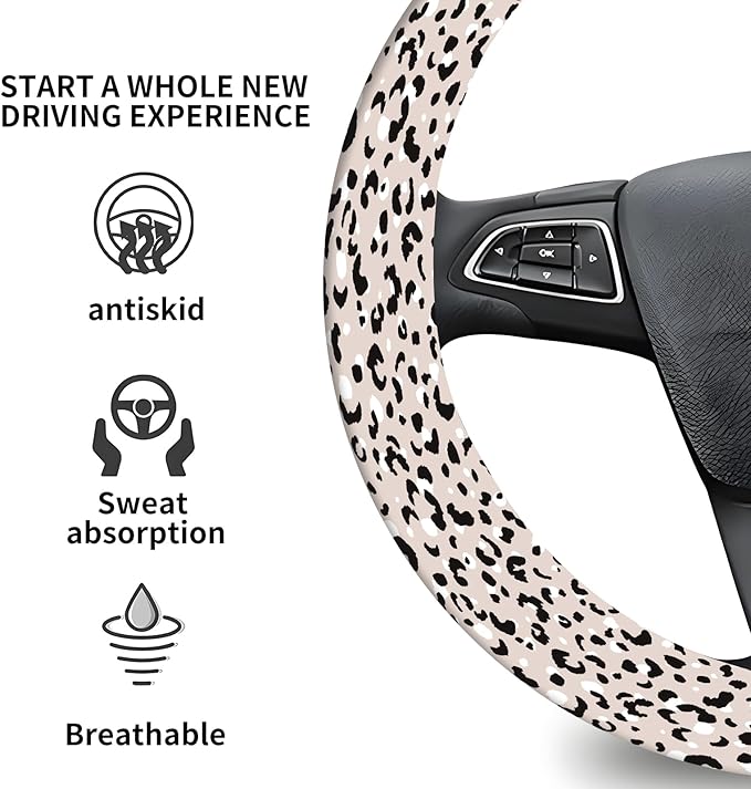 Elastic Car Steering Wheel Cover, Universal 15 inch Non-Slip Breathable Neoprene Steering Wheel Protector, Car Accessories for Women Men Fit Auto, Suvs, Truck White Leopard