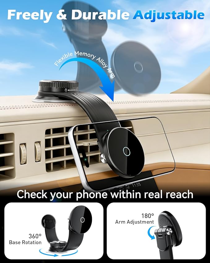 CloudValley Magnetic Car Mount with 15W Fast Charging, 360° Adjustable Bendable Aluminum Arm, Dashboard & Windshield Wireless Charger Phone Holder with Upgraded Silicone Adhesive Pad for iPhone