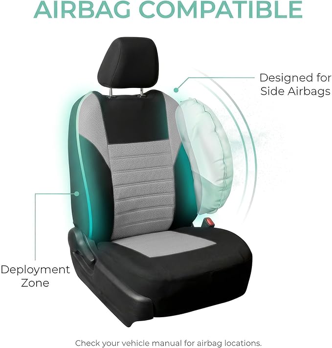 FH Group Automotive Car Seat Covers Full Set Premium 3D Air Mesh Front Seat Covers, Airbag Compatible & Split Bench Cover Universal Fit Interior Accessories for Cars Trucks and SUVs - Gray