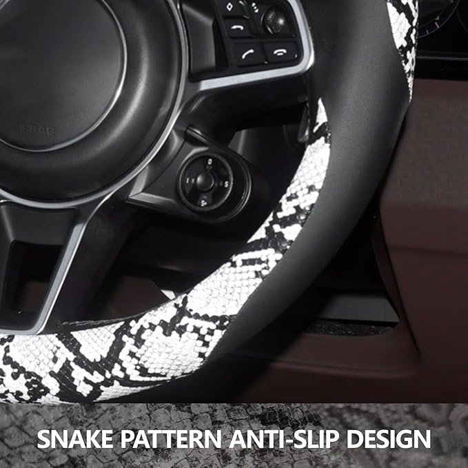 ZHOL Snake Skin Steering Wheel Cover Leather 14.5-15 Inch, Reversible Car Steering Wheel Cover for Women Men, Anti-Slip Design, Universal Fit for Cars, SUVs, Black&White