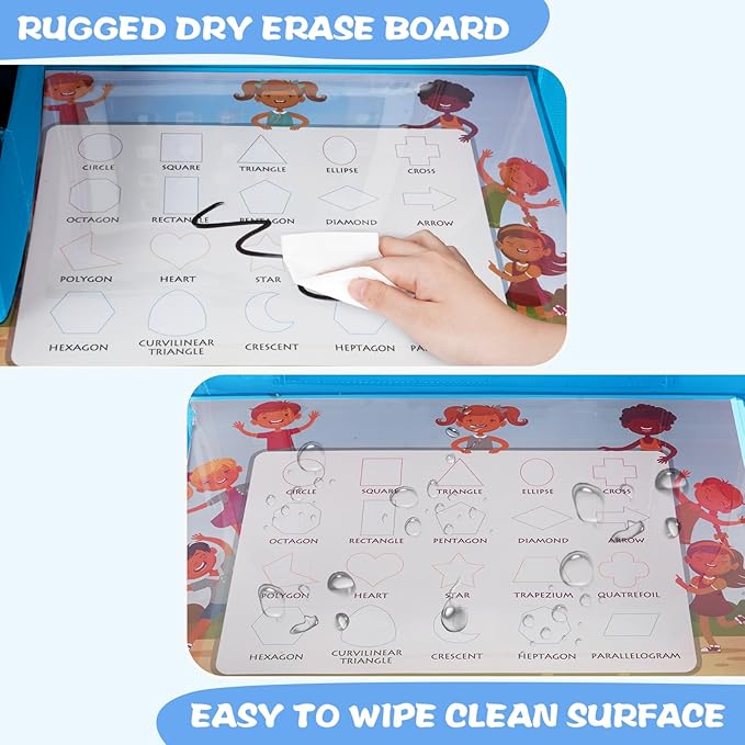 MENZOKE Kids Travel Tray, Car Seat Tray for Kids Travel, Toddler Essentials Girls with Tablet Holder, Road Trip Essentials with Cooler Cup Holder, Dry Erase Board & Storage Pocket for Airplane, Blue