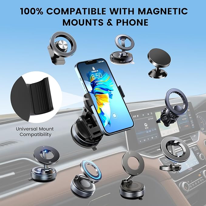 Phone Clamp for Magnetic Car Phone Holder, Aviation Aluminum Black - No Magnetic Case & Rings Needed, Enhanced Suction & Magnetic, Compatible with All Magnetic Holders