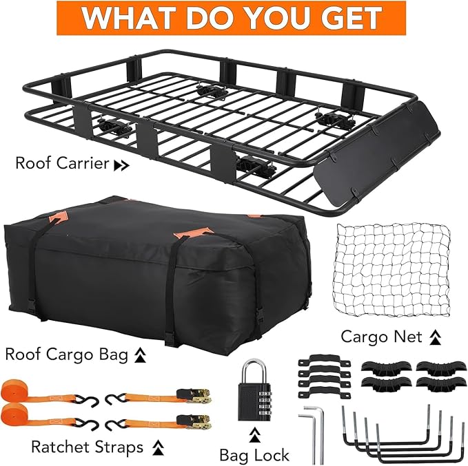 64"x39" Universal Roof Rack Basket with Cargo Bag, Adjustable Steel Roof Cargo Basket up to 200 lbs Capacity, Car Top Carrier for SUV, Truck, and Vehicle Rooftop Storage