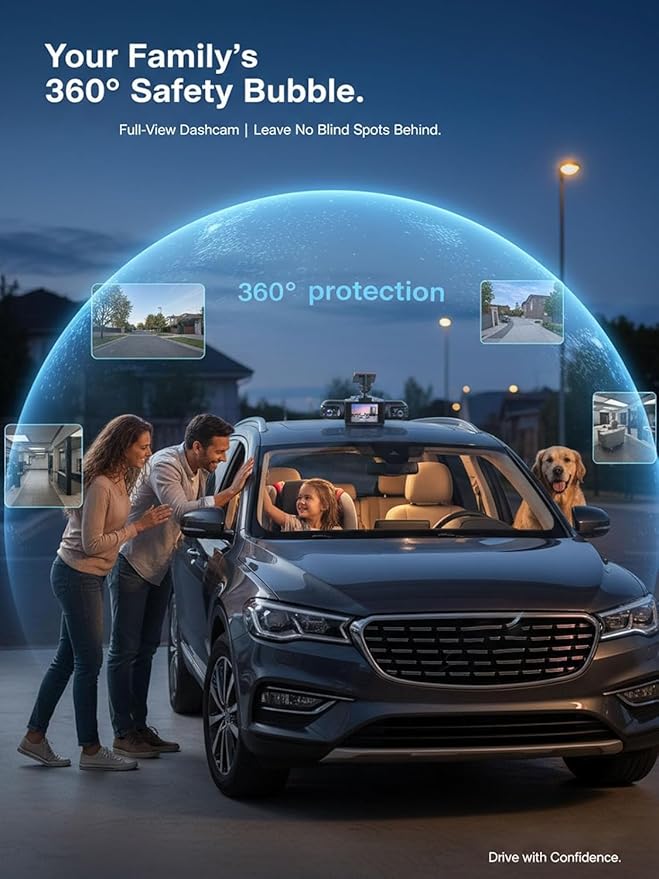 2026 New Full View Wireless Car Dashcam System,4k 4-Channel 360° Panoramic Dash Camera WiFi 6 Driving Recorder,Infrared Night Vision,24/7 Parking Monitor,G-Sensor,Motion Detection(64g)