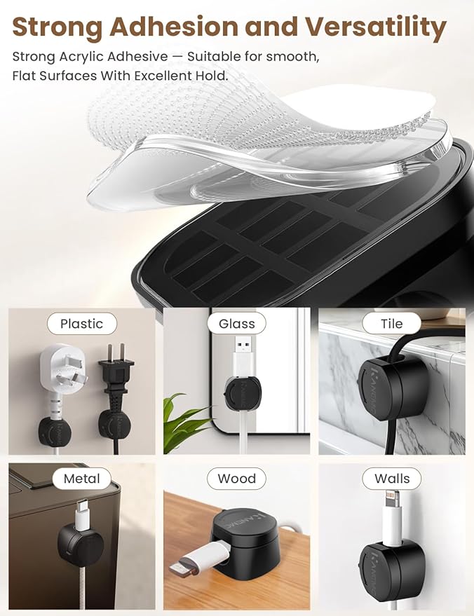 Kanemc Cable Clips Cord Holder for Desk, 360° Spin Magnetic Wire Organizer Self Adhesive Cord Management for Office Desks Cars Home Kitchen Electronic Accessory (Black, 6 PCS)