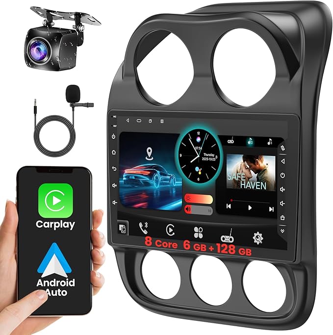 8 Core 6GB+128GB Car Radio for for Jeep Patriot Compass 2010-2016,10.2 Inch QLED Touch Screen Car Stereo with Carplay&Android Auto,WiFi,GPS Navigation,Bluetooth,FM&AM Radio,Android 15