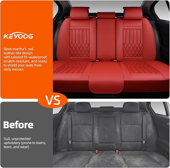 KEYOOG 5-Seater Waterproof and Breathable Nappa Leather Car Seat Covers Full Set, Fit for Front and Rear Seats of Cars, Compatible with Airbags, Car Seat Protector Covers for Most Cars - Wine red