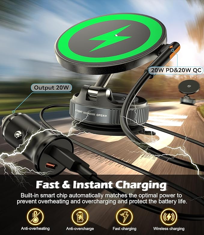 CloudValley 15W Fast Wireless Charger Car Phone Mount Charger with Type-C Fast Car Charger, Vacuum Suction Cup Magnetic Phone Holder Design for MagSafe iPhone 17 Pro Max 16-12 Series,Pixel 10 Pro XL