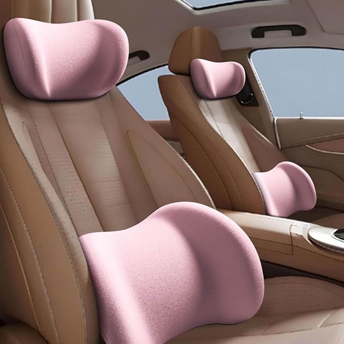 Car Headrest & Lumbar Support Cushion, Ergonomic Car Seat Headrest & Lumbar Cushion with Adjustable Strap for Neck Back Pain Relief, Memory Foam & Breathable Car Head Lumbar Rest Set (Pink)