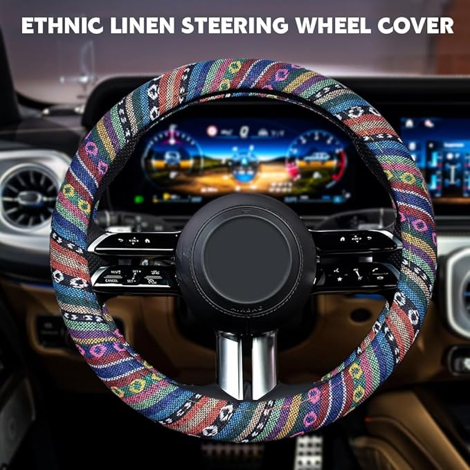 Boho Steering Wheel Cover, Steering Wheel Cover Women, 15 inch Hippie Style Protector Covers, Universal Ethnic Flax Cloth Car Accessories Universal for SUV Van Truck (Hippie-A)