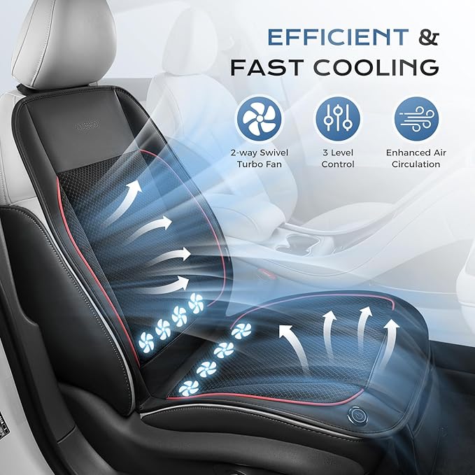 Coverado Cooling Car Seat Cushion, Universal Front Seat Cover 12V-24V Ventilated 3D Mesh Breathable Pad with 3 Speed Mode Dual Fan for Cars SUV Heatwave Driving Black&Red