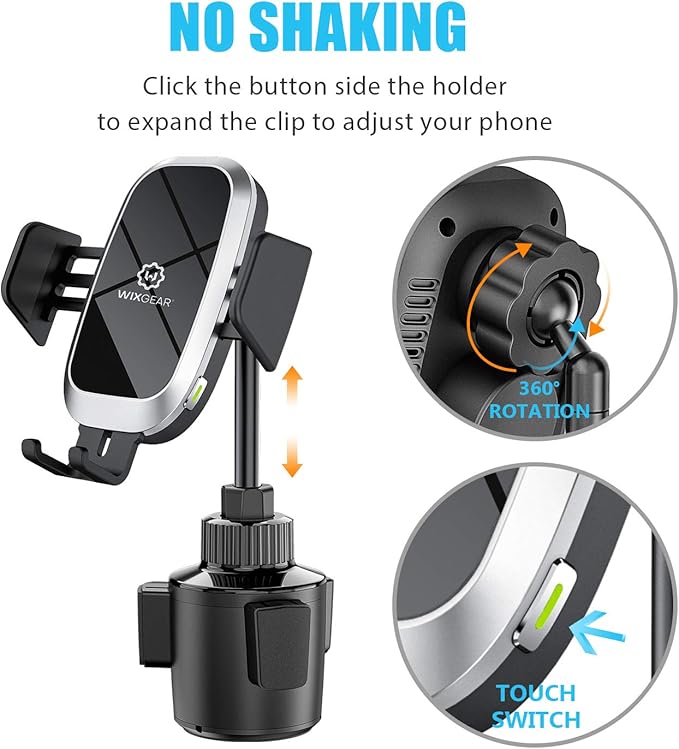 WixGear Wireless Car Charger, Auto-Clamping Fast Wireless Car Charger, Cup Phone Holder for Car, 10W Qi Fast Charging Compatible iPhone 11, Xs/MAX/XS/XR/X/8/, Samsung S10/S9/S8 Full Automatic Arms