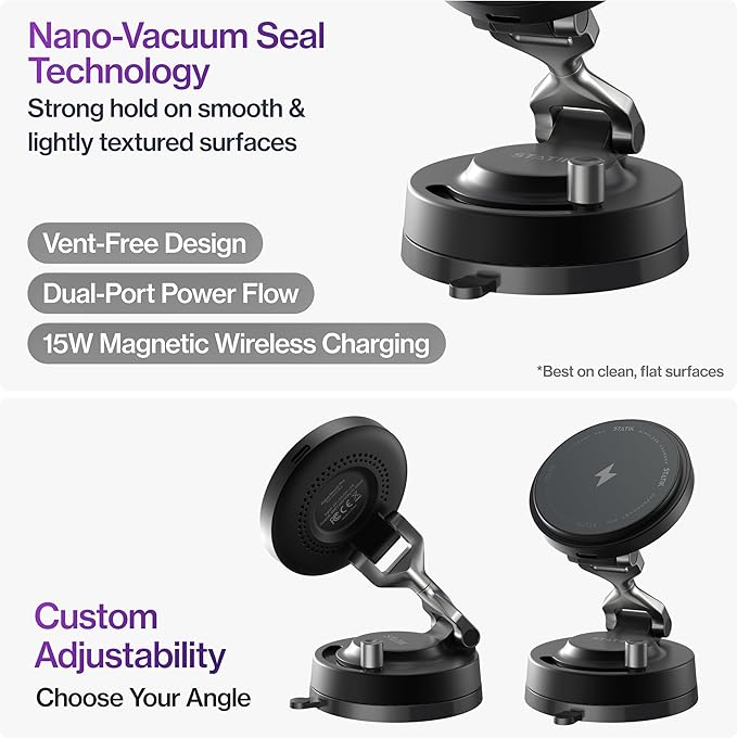 Statik HyperMount Pro Phone Mount, Magnetic Phone Holder, 15W Wireless Charging, MagSafe Car Mount, Works on Smooth & Lightly Textured Surfaces, iPhone and Android Compatible, Charging Cable Included