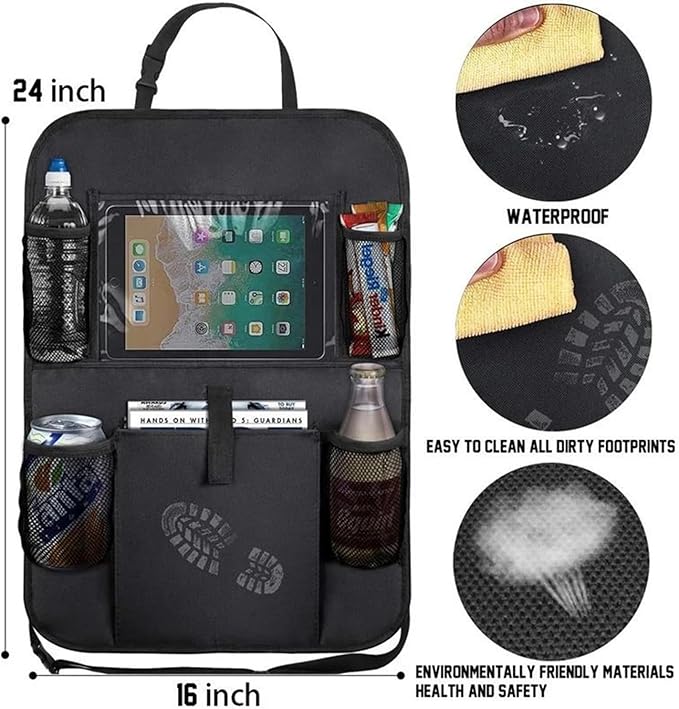 2 Pack Backseat Car Organizer, Seat Back Storage Bag with Touch Screen Tablet Holder Waterproof Seat Back Protectors Kick Mats for Kids Toddlers.