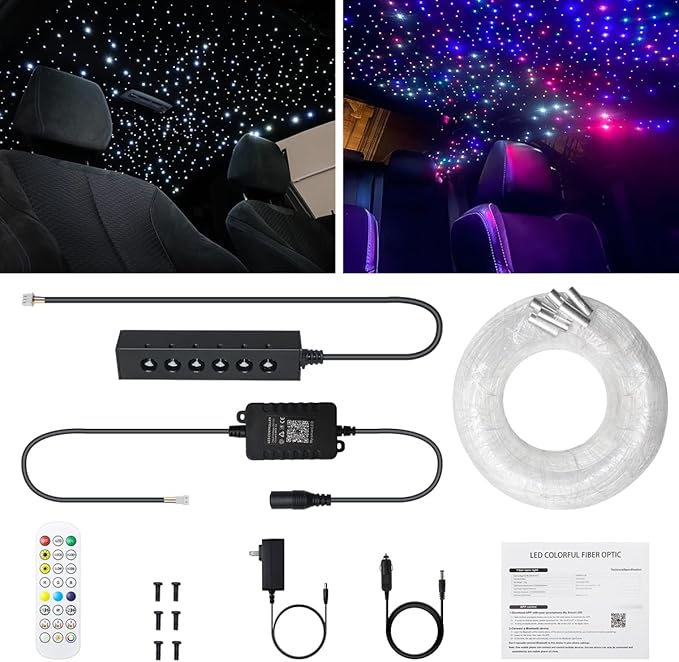 AZIMOM 6LED Colorful Fiber Optic Starlight Headliner Kits Fiber 240pcs*0.03in*6.5ft Strands APP& Remote Control Mix Color Chase Timing Fiber Optic Star Light for Car Home Sky Star Decoration