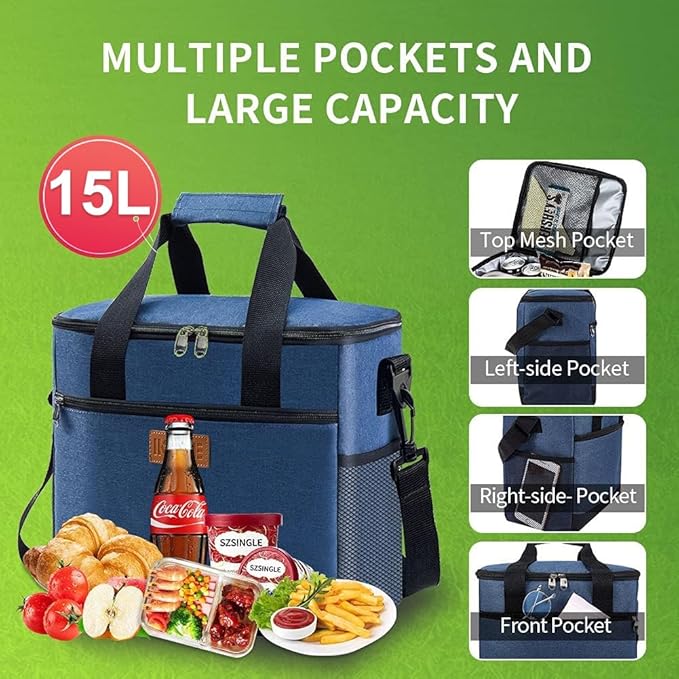 Iknoe Large Cooler Bag Collapsible 24 Can Insulated Bags Leakproof Lunch Cooler Tote with Multi-Pockets for Adult Insulated Thermal Bag for Beach, Picnic, Office Work(Blue)