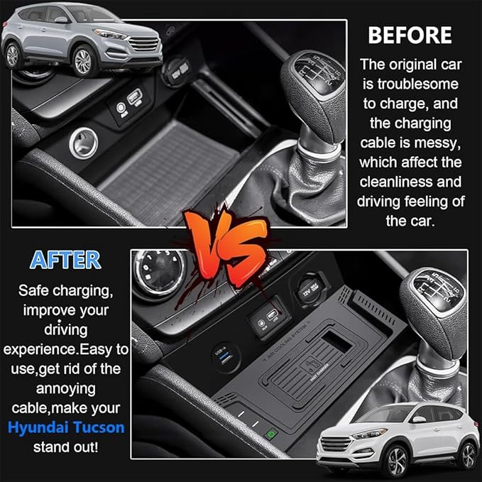 Wireless Car Charger for Hyundai Tucson 2015 2016 2017 2018, Wireless Fast Phone Charging Pad with 18W QC3.0 USB, Fit for Hyundai Tucson SE/Eco/Sport/Limited Interior Accessories Upgrades