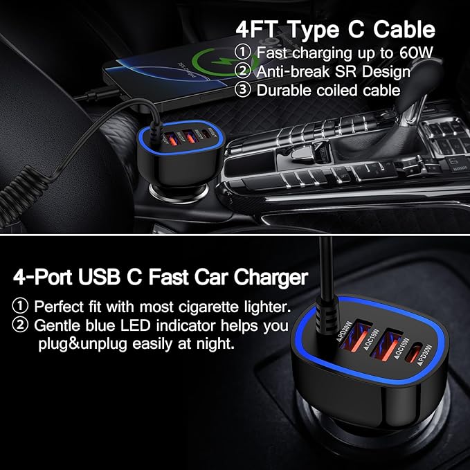60W Type C Super Fast Samsung Car Charger for Galaxy S26/S25 Ultra/A17/Z Flip7/Fold7/A56/A16 iPhone 17 16e 16 Pro Max Pixel 10A, 4-Port USB C & USB A Car Phone Charger Adapter+4FT Type C Coiled Cable