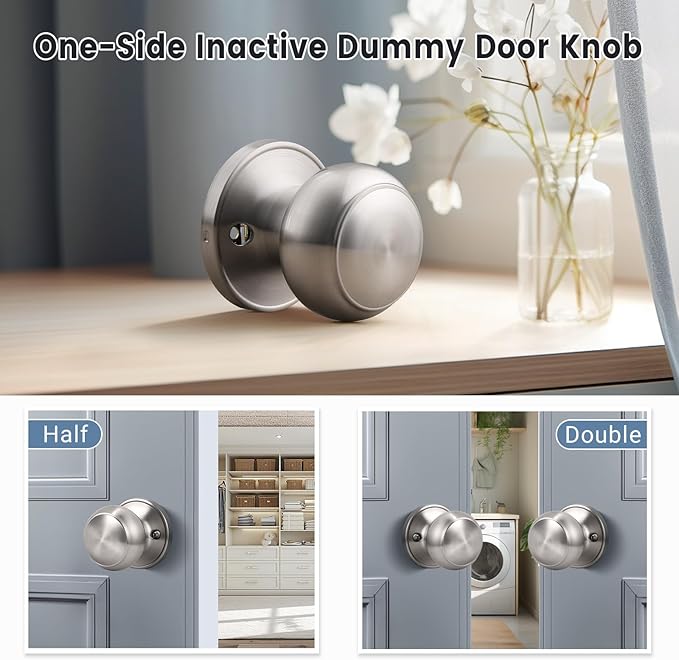 KNOBWELL 6 Pack Brushed Nickel Dummy Door Knob, Single Sided Handle for Closets, French Double Doors, and Pantry, Satin Nickel One Side Non-Turning Interior Push/Pull Door Knob