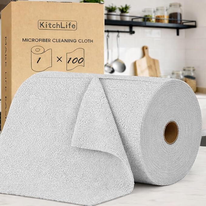 KitchLife Microfiber Cleaning Cloth Roll, 100 Pack - Tear-Away Microfiber Paper Towels, Lint-Free, Reusable, Washable for Kitchen, Car, Dishes, and Sensitive Surfaces (Light Gray)