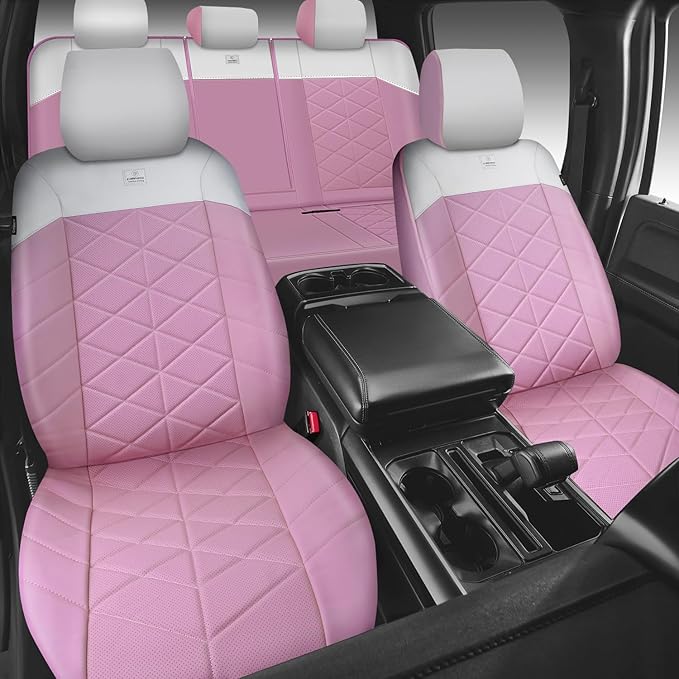 CAR PASS Nappa Leather Seat Covers for Car, Waterproof Seat Covers Full Set, Luxury 3D Rhombus Lined Sponge Airbag Compatible Universal Fit for Automotive SUV Truck Pickup Sedan, Pink White