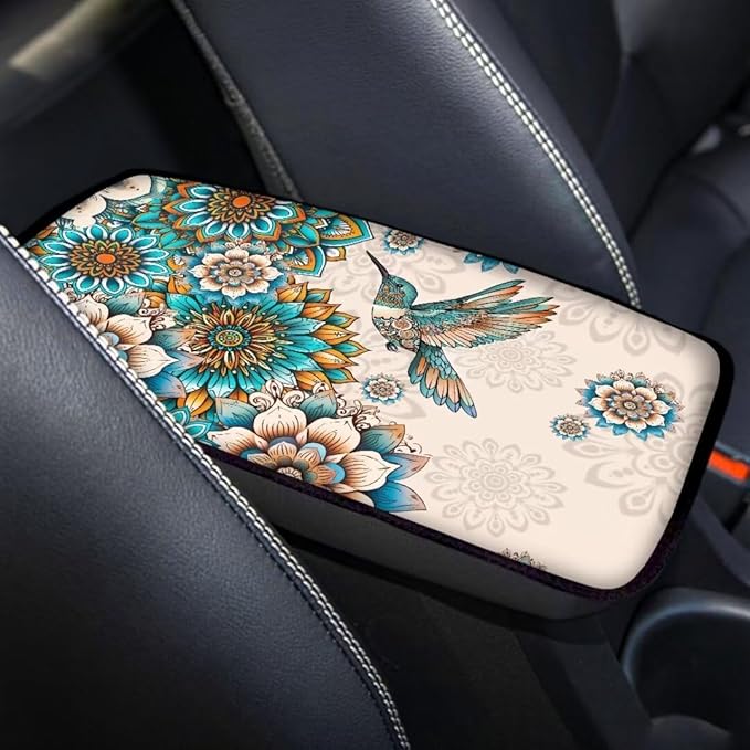 Coldinair Boho Flower Car Center Console Pad,Hummingbird Auto Interior Accessories Decoration,Auto Armrest Cover Protector for Most Vehicle, SUV, Truck, Car