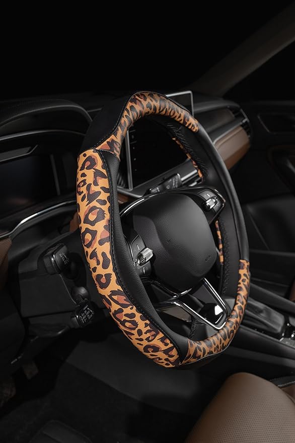Lord Autofashion Steering Wheel Cover – PU Leather, Non-Slip Rubber Inner, All-Season Comfort – 14.5–15 Inch (Black/Leopard 8684)