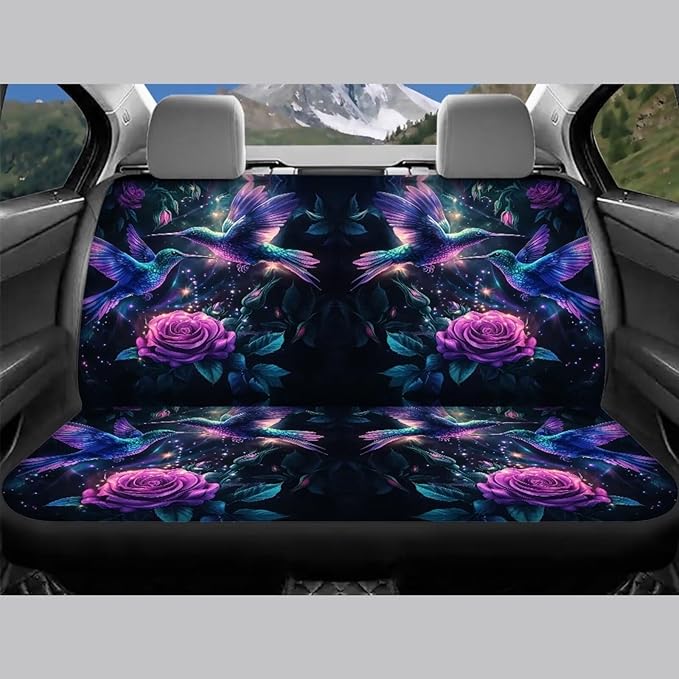 KEIAHUAN Purple Rose Hummingbird Car Seat Covers Full Set Car Front/Rear Seat Cover Universal Size Fit for Truck SUV Sedan Van for Women