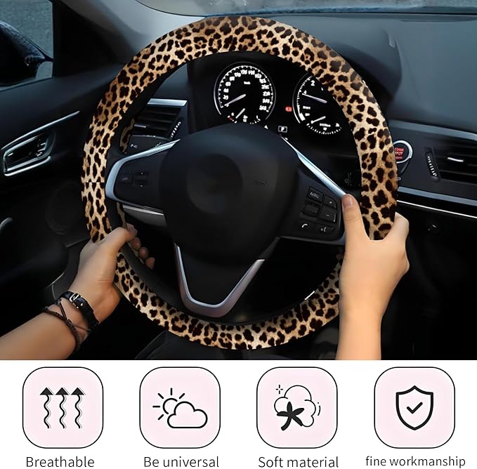Car Steering Wheel Cover, Universal 15 Inch Neoprene Non-Slip Steering Wheel Covers, Funny Car Accessories for Women Men Fit Auto, Suvs, Truck Cute Brown Leopard