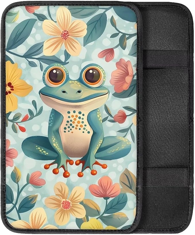 Auto Center Console Cover Pad for SUV,Truck,Car, Frog Floral Car Armrest Seat Box Cover, Auto Armrest Protector Car Accessories for Women Men