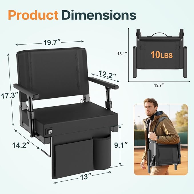 HOPERAN Heated Stadium Seats for Bleachers with Back Support, 3 Levels Heating Bleacher Chairs with Back and Cushion, Folding Bleacher Seat, Lightweight Portable Stadium Chair with Shoulder Strap