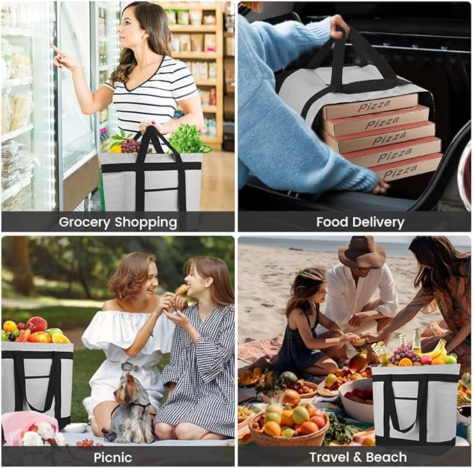 mosago Commercial Insulated Food Delivery Bag 39L, Heavy Duty Thermal Catering Tote with Zipper, Leakproof Hot & Cold Transport Bag for Restaurant & Professional Drivers, Grey
