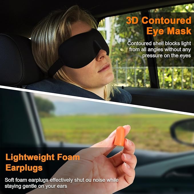Travel Pillow - Hooded Neck Pillow Airplane Memory Foam Filling for Plane, Office, Cars Sleeping, Road Trip, Long Flights, Airplane Travel Essentials, Includes Eye Mask & Earplugs (Pink)