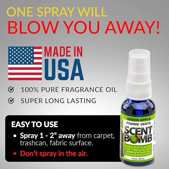Scent Bomb Air Freshener Spray, Long-Lasting Odor Eliminator - Effective Deodorizer for Home & Car, Fresh Room Spray for Kitchen, Bathroom & Smell Neutralizer - 1 oz Pack of 4, Green Apple Scent