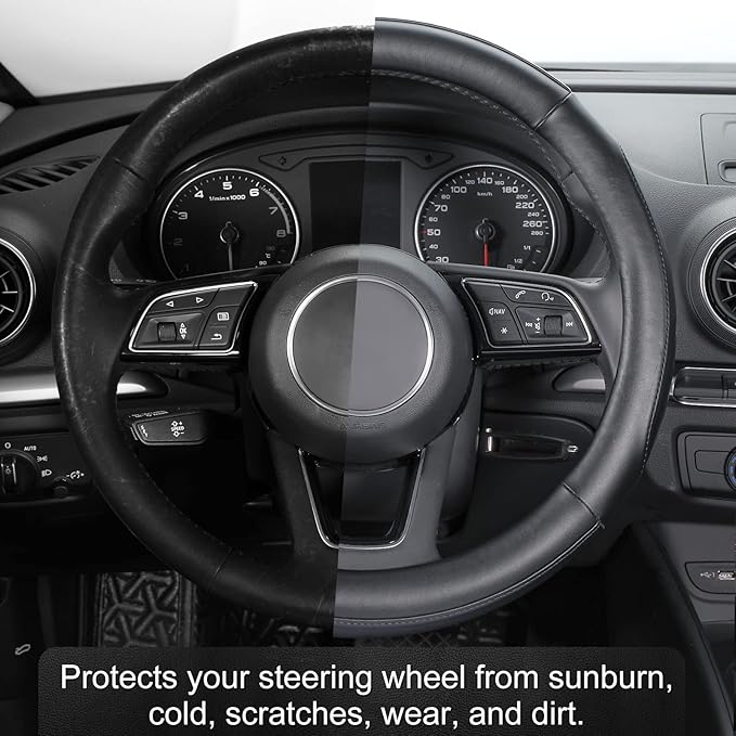 SEG Direct Car Steering Wheel Cover Small Size for Prius Civic Model 3 Model Y Camaro Rogue with 14-14 1/4 inches Outer Diameter, Black Microfiber Leather