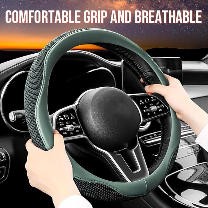 Carodi Car Steering Wheel Cover, Leather and Breathable ice Silk Fabric, Comfortable, Non-Slip, Warm in Winter and Cool in Summer, Universal 15 inch (Green)