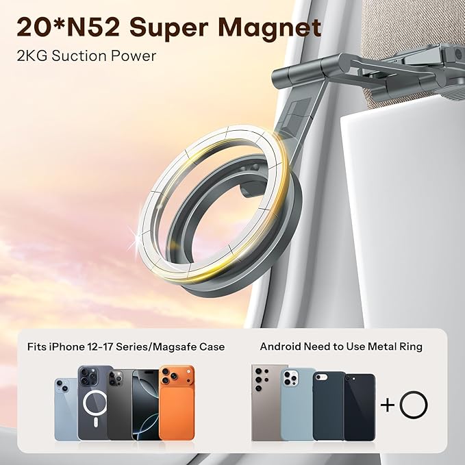 OMOTON TP02 360°Rotating for MagSafe Tripod Mount, Adjustable Aluminum Magnetic Phone Tripod for iPhone 17/16/15/14 Pro Max Air, Foldable Cell Phone Stand Fits Vlog, Gym, Travel Essentials, Gray