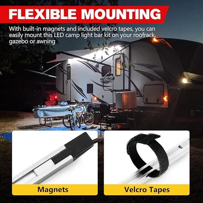 FIERYRED 12V Interior Light Bar Kit, Dimmable Camping Lights, Weatherproof IP67, Aluminum Magnetic Mounting, Portable Lighting for Camping Tent Awning RV Car Trailer Boat (4Pcs White+ 2Pcs Amber)